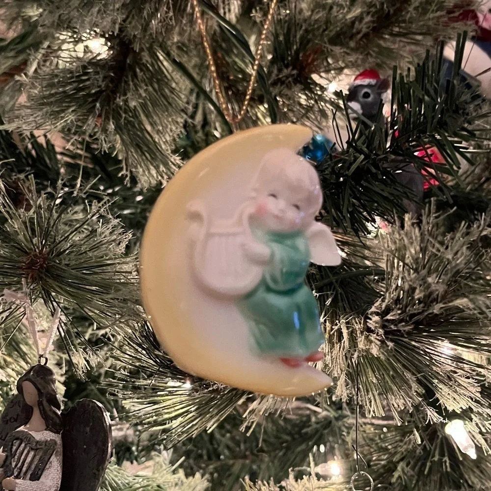 Vintage 1986 Angel sitting in Moon Christmas Ornament